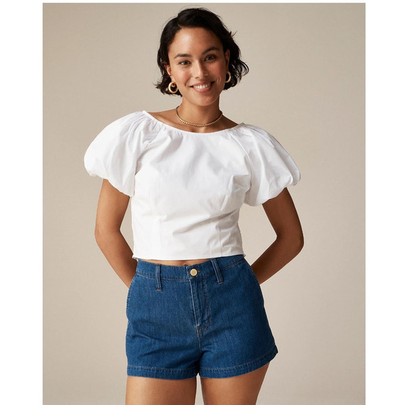 NWT J.Crew 100 % Cotton Puff Sleeve White Crop Top Blouse 2 - Picture 1 of 5